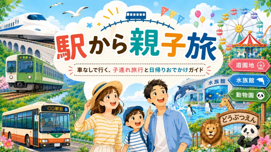 駅から親子旅のホーム画面用イラスト。新幹線、電車、バスで行く車なしの子連れ旅行と、遊園地・水族館・動物園への日帰りおでかけを表現した画像。